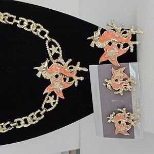 SEAHORSE Enamel & Goldtone 3Pc. Set of Necklace,  Brooch & Pierced Earrings